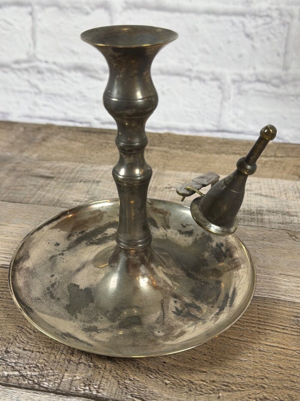 Silver Plate Finger Chamberstick Candle Holder Snuffer Tall Colonial 50s Vintage
